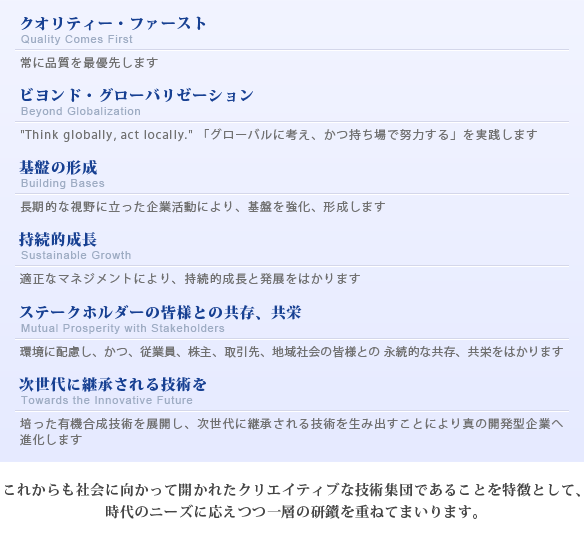 グル―プミッション
これからも社会に向かって開かれた
クリエイティブな技術集団であることを特徴として、
時代のニーズに応えつつ一層の研鑚を重ねてまいります。